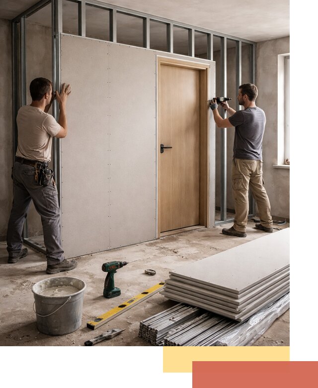 Перегородка из гипсокартона с дверью под ключ в Новокубанске