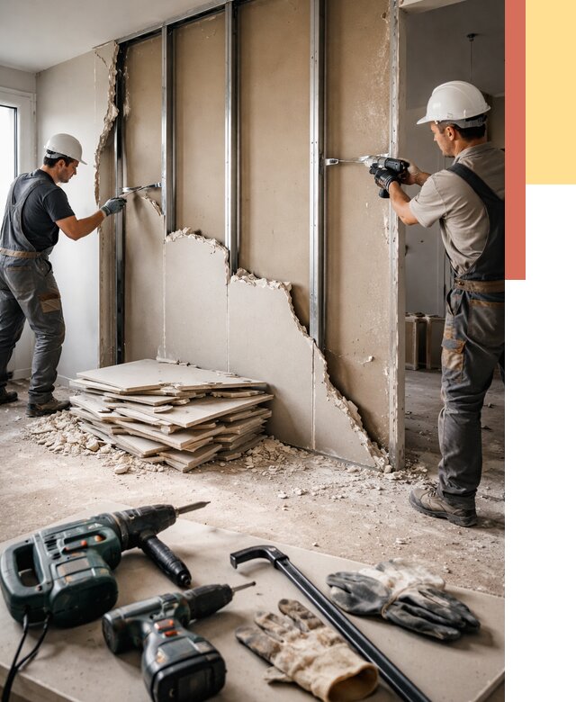 Демонтаж перегородки из гипсокартона в Новокубанске от 1248 руб. быстро и недорого | ОТДЕЛОЧНИК-Нкб