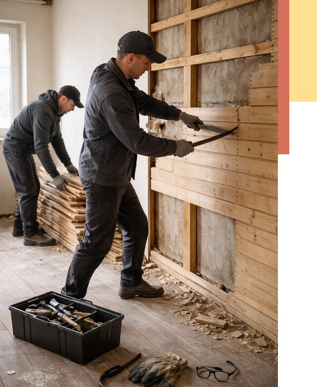 Демонтаж вагонки в Новокубанске от 3951 руб/м2 — быстро и недорого | ОТДЕЛОЧНИК-Нкб