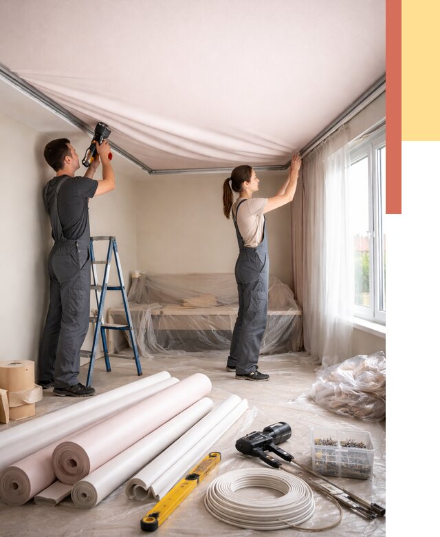 Монтаж цветного натяжного потолка в Новокубанске от 4367 руб/м² — быстро и недорого | ОТДЕЛОЧНИК-Нкб