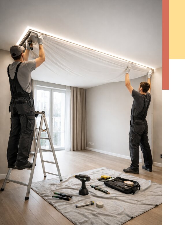 Монтаж парящего натяжного потолка в Новокубанске от 4679 руб. быстро и недорого | ОТДЕЛОЧНИК-Нкб