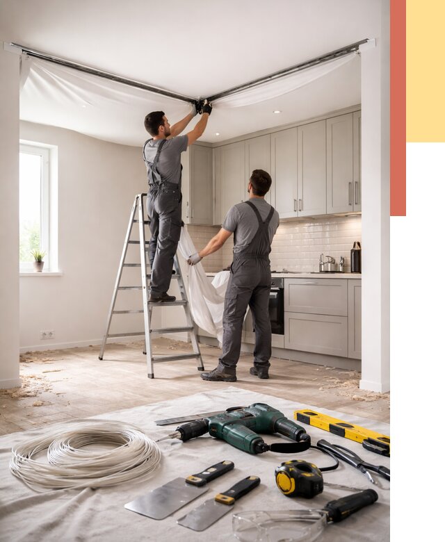 Установка натяжного потолка на кухне в Новокубанске от 2496 руб. | ОТДЕЛОЧНИК-Нкб