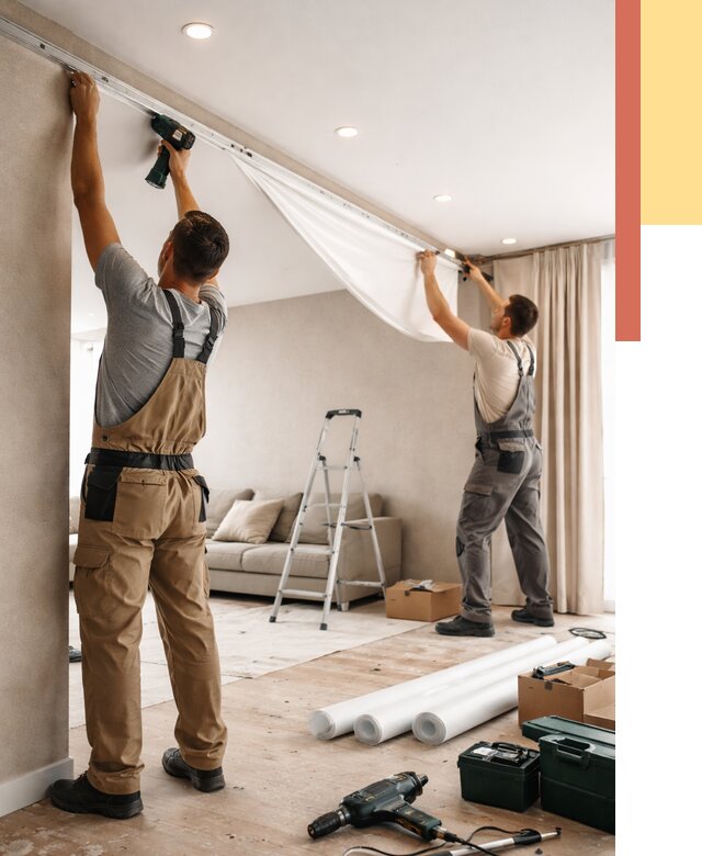 Монтаж натяжного потолка в гостиной в Новокубанске от 572 руб. | ОТДЕЛОЧНИК-Нкб