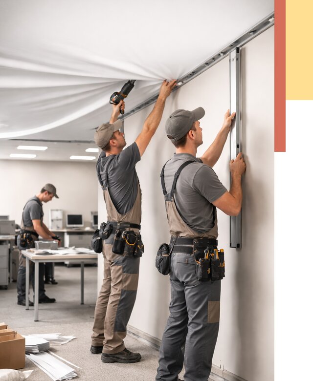 Монтаж натяжного потолка в офисе в Новокубанске от 468 руб/м² — быстро и недорого | ОТДЕЛОЧНИК-Нкб