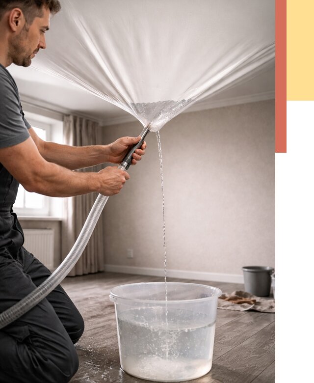 Слив воды с натяжного потолка в Новокубанске от 2600 руб. быстро и недорого | ОТДЕЛОЧНИК-Нкб