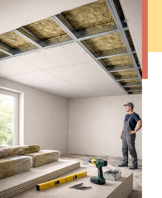 Звукоизоляция потолка ГКЛ в Новокубанске от 988 руб. — монтаж под ключ | ОТДЕЛОЧНИК-Нкб