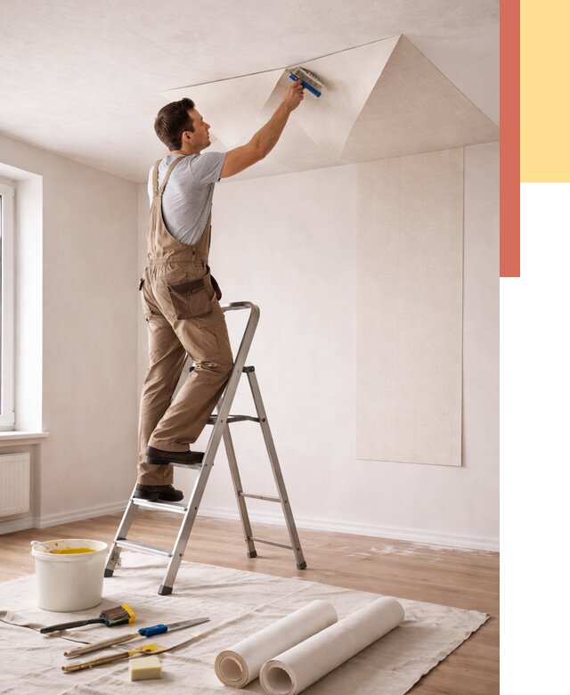 Поклейка обоев на потолок в Новокубанске от 4679 руб. быстро и недорого | ОТДЕЛОЧНИК-Нкб